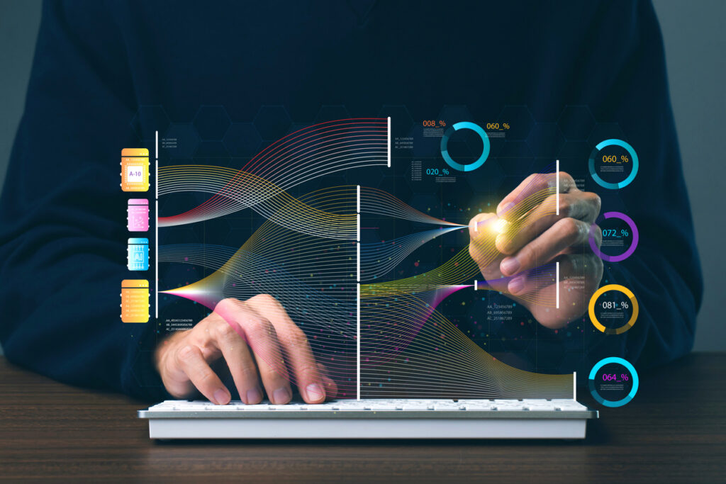 Datastromen die samenkomen in een centrale datahub